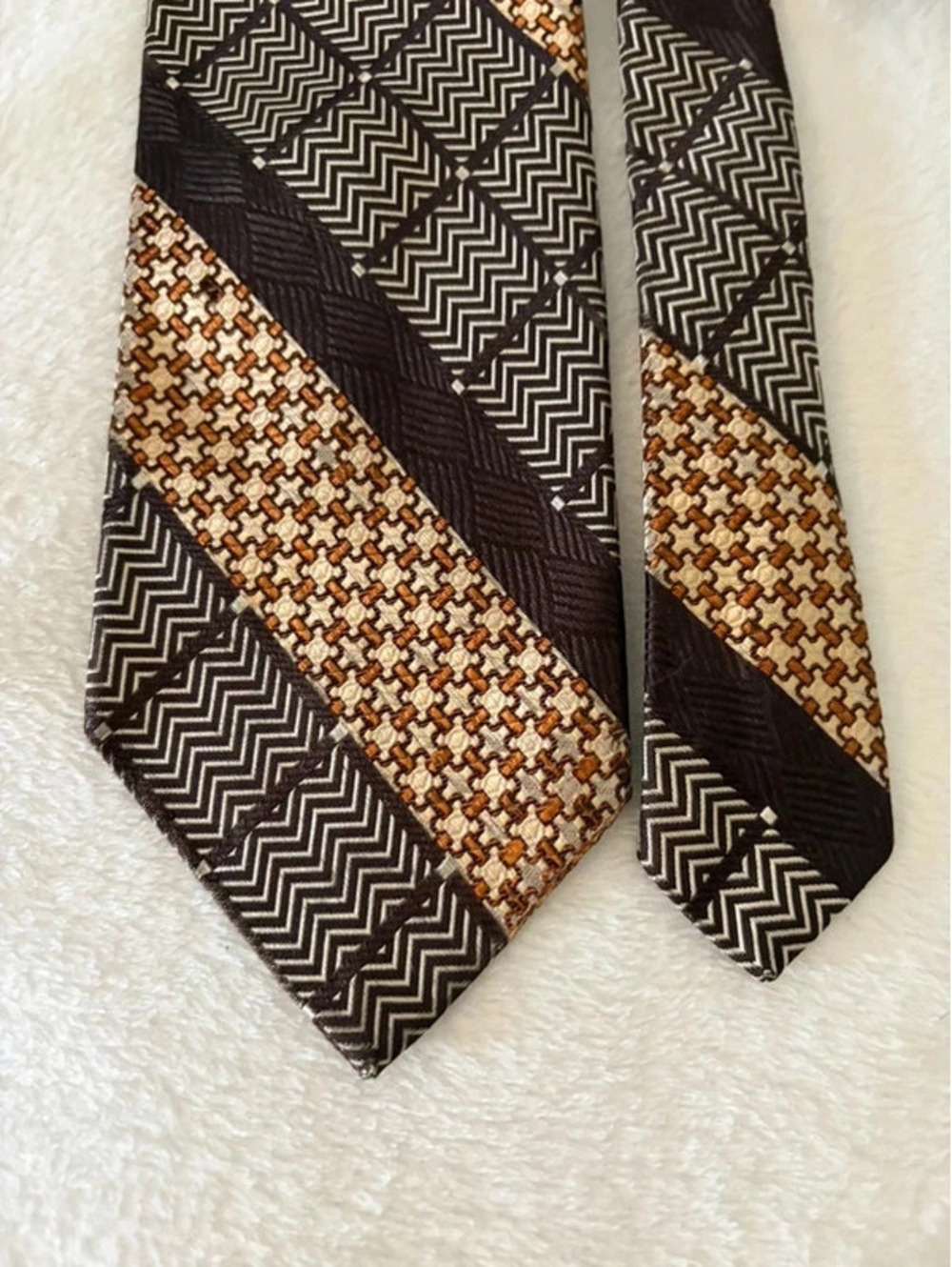 Pierre Cardin 100% Silk Tie Brown Vtg Geometric Chevron & Houndstooth Print